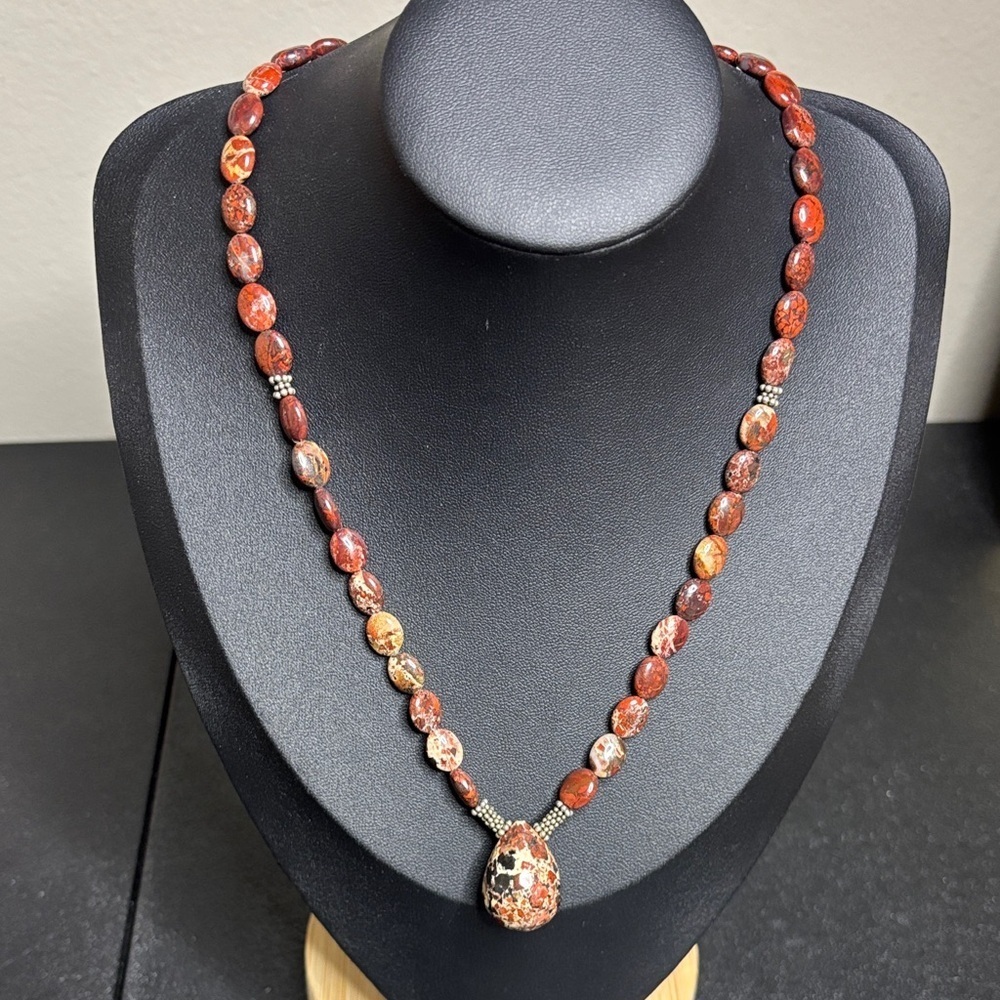Jasper Egg Pendant Beaded Boho Southwestern Necklace Sliver Tone